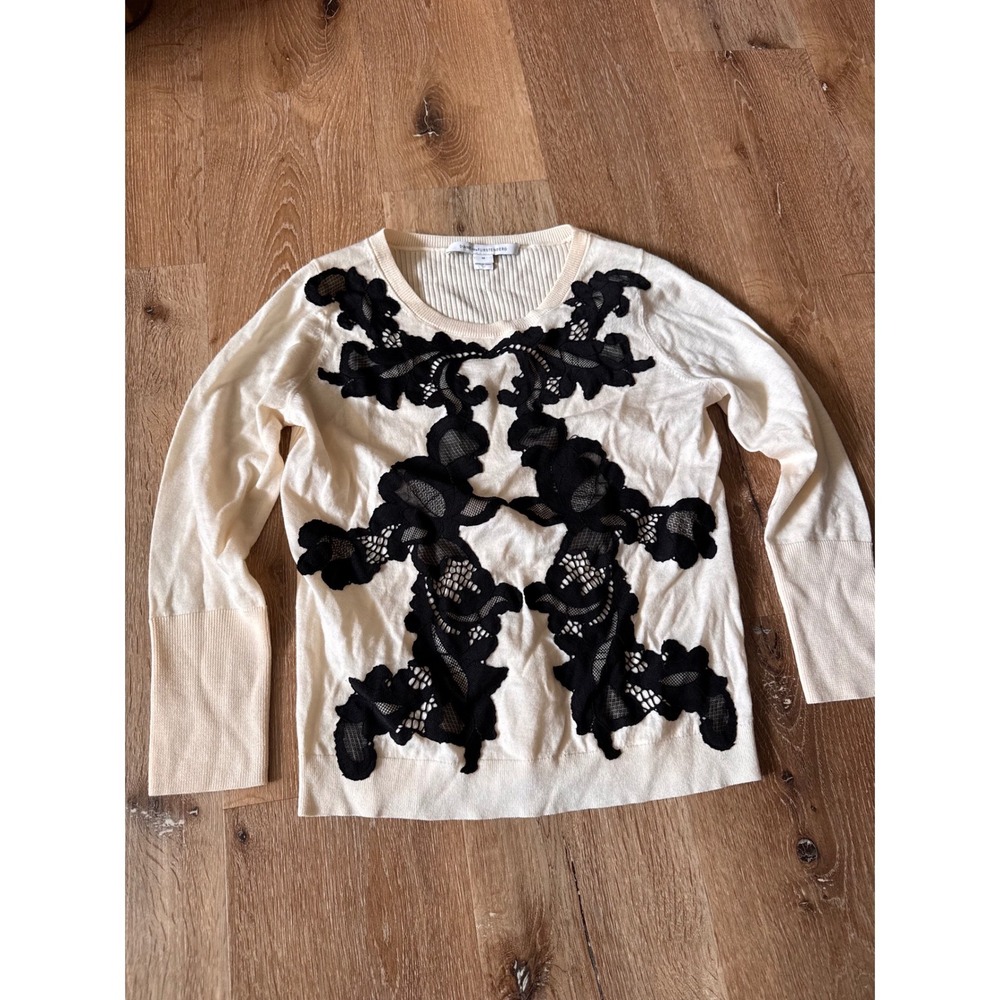 Diane von Furstenberg DVF Cream Shana Sweater with Lace Appliqué Size M